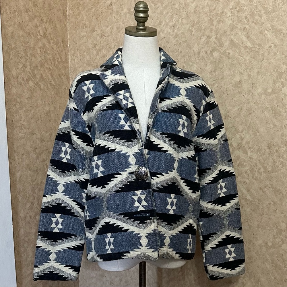 VTG 90s Southwest Blue Concho Button Aztec Western 100% Cotton Tapestry Jacket